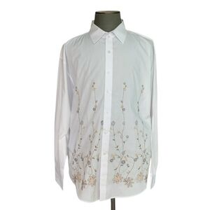 Brooklyn Express Women's White Floral Embroidered Button Up Shirt XL Long Sleeve